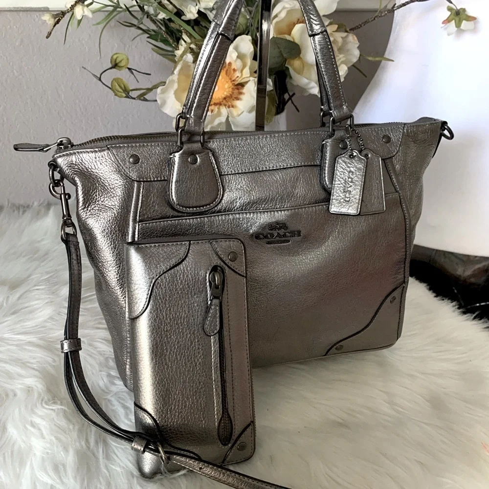 RARE Coach Mickie Silver Metallic Satchel and  Rare Matching Wallet